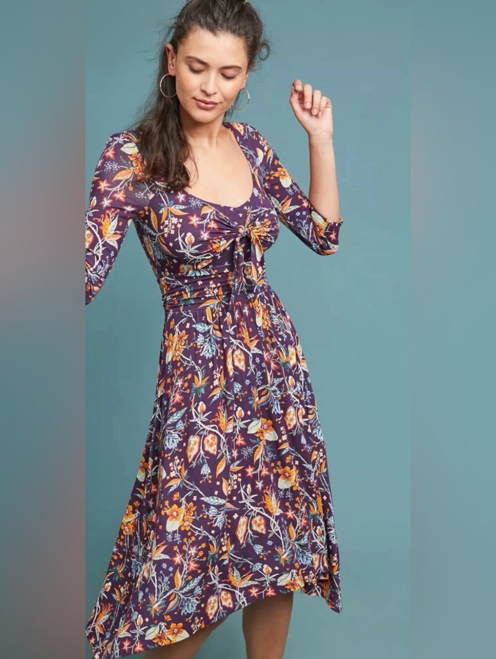Maeve Anthropologie Floral Midi Dress Purple Tie Front Boho Handkerchief Hem